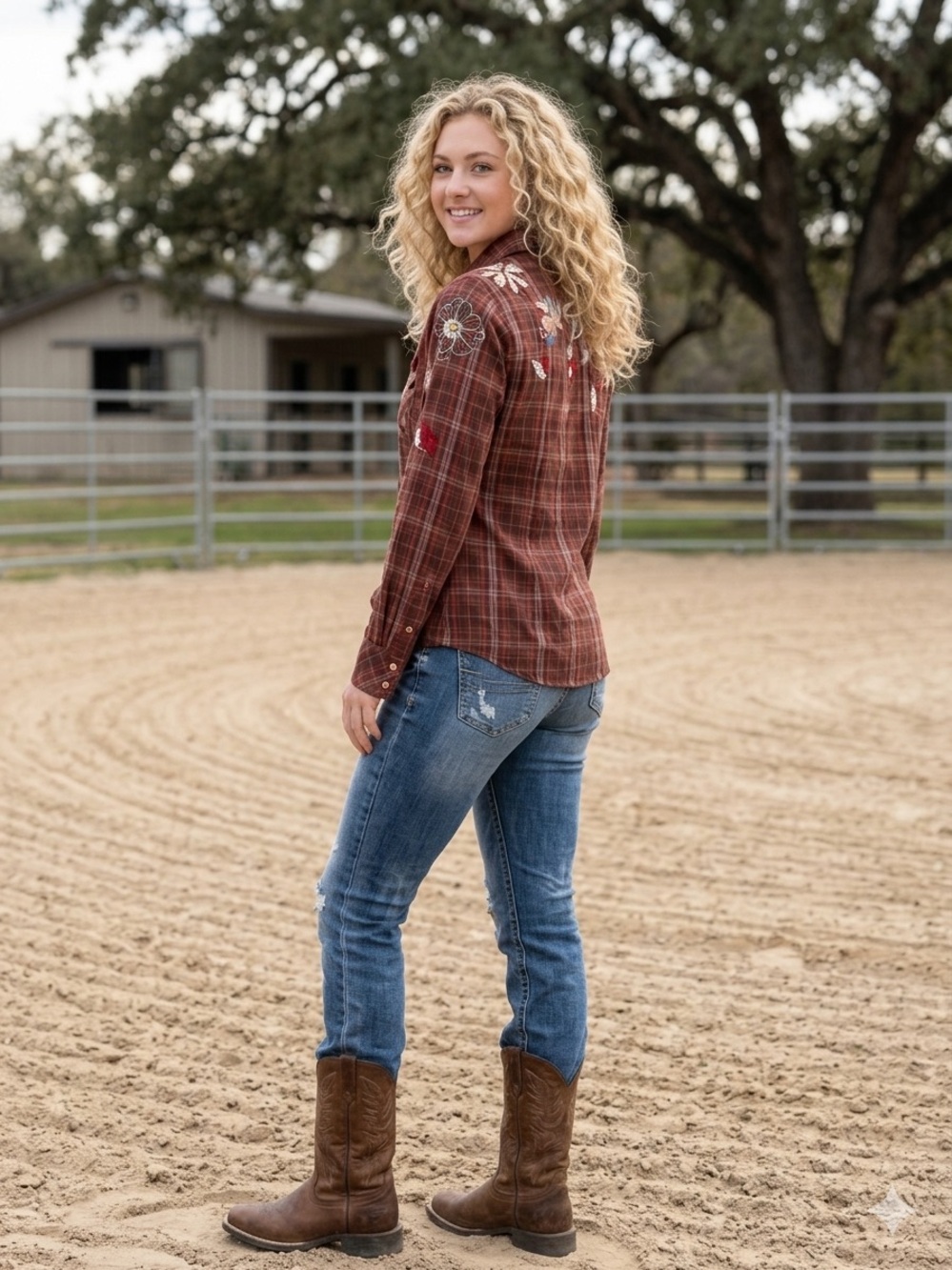 Panhandle Slim Sz Medium shirt in rust and blue tones with metallic thread